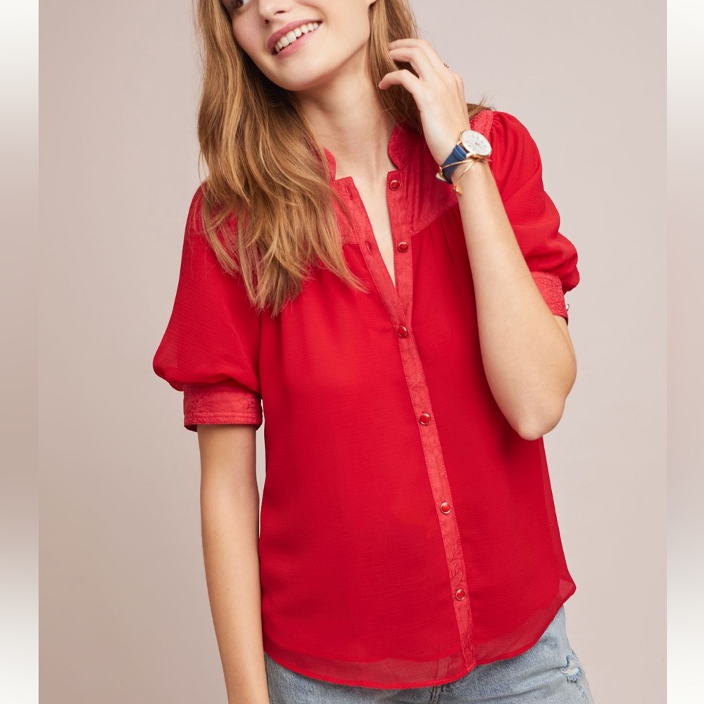 Anthropologie Maeve Lavoie Red Women's Blouse Size Small 4 Lined Flowy Feminine